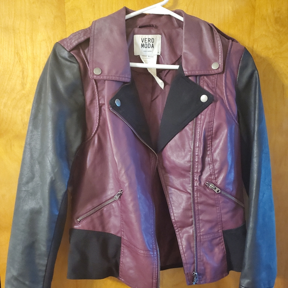 Purple and black faux leather biker jacket